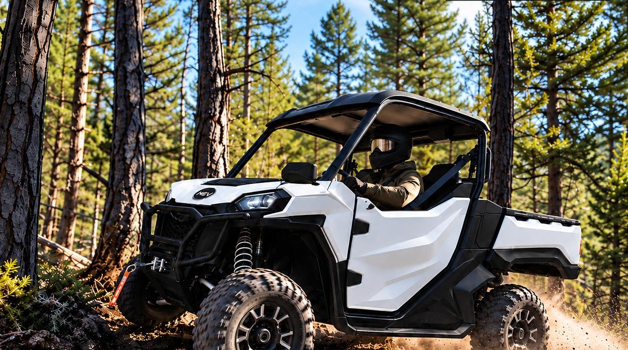 UTV elettrico 4x4 WEV S-80 bianco in servizio in una pineta